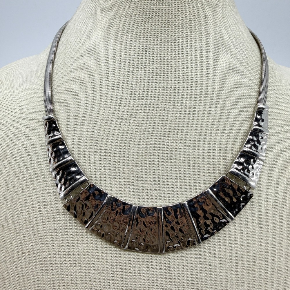 Statement Silver-Tone Bib Necklace Hammered Metal Plate Collar Bold Runway Look